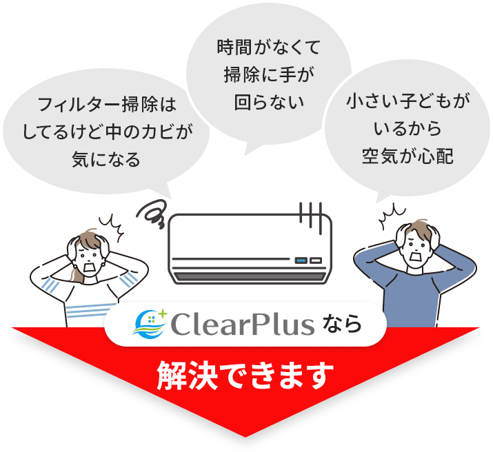 時間がなくて掃除に手が回らない…フィルター掃除はしてるけど中のカビが気になる…小さい子供がいるから空気が心配…ClearPlusなら解決できます！
